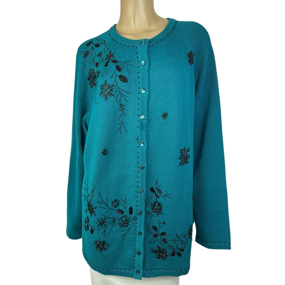 Stitches In Time Blue Cardigan Sweater 2X Button Front Black Bead Decoration